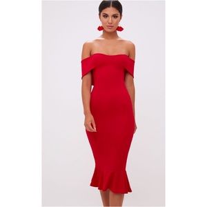 Red Bardot Frill Hem Midi Dress